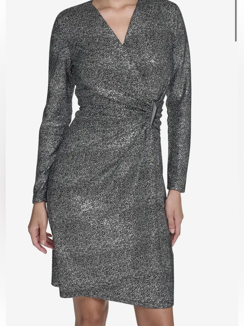 Calvin Klein Silver Black Glitter Knit Long Sleeve Bar Dress SZ 12